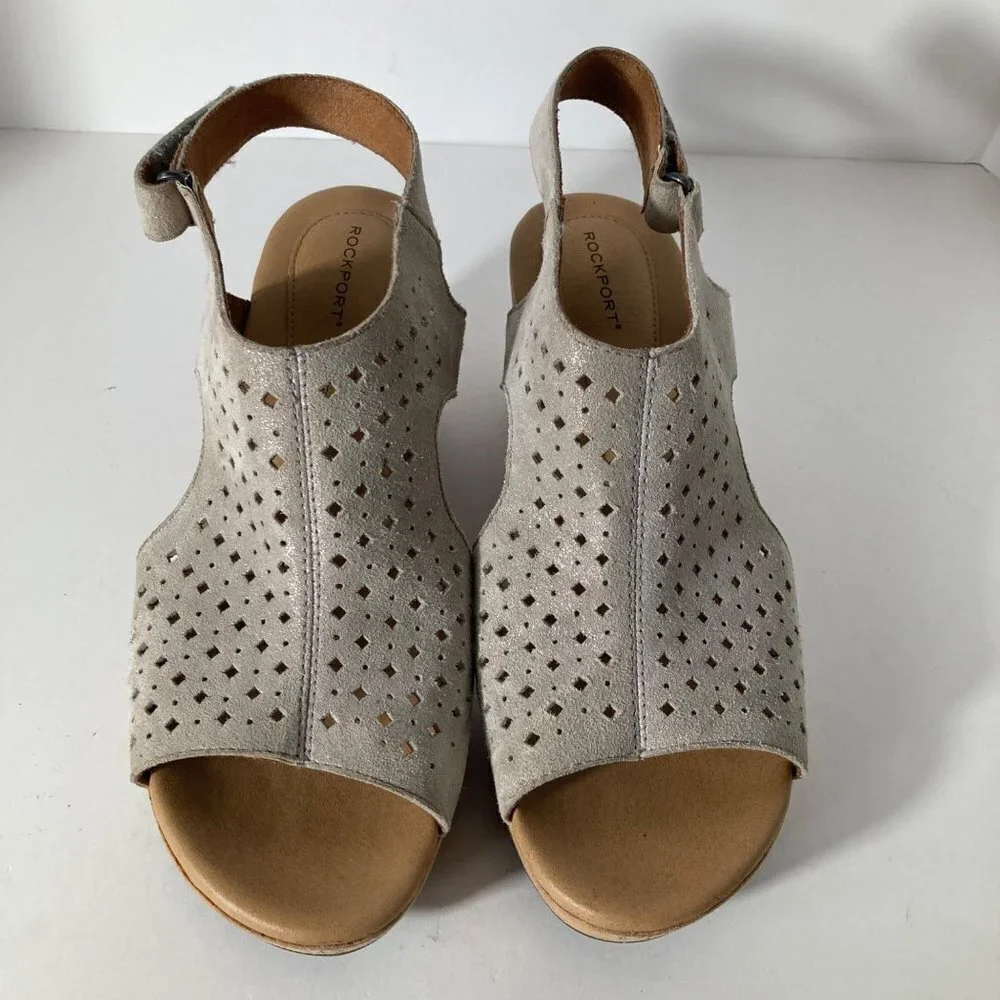 Womens Rockport Briah Slingback Suede Wedge Sandal‎ Laser Cut Metallic Khaki 8